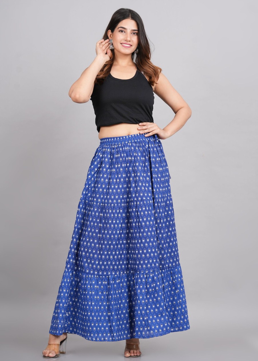 Women House of RP | Women'S Light Rayon Ethnic Printed Circular Skirt - House Of Rp Blue