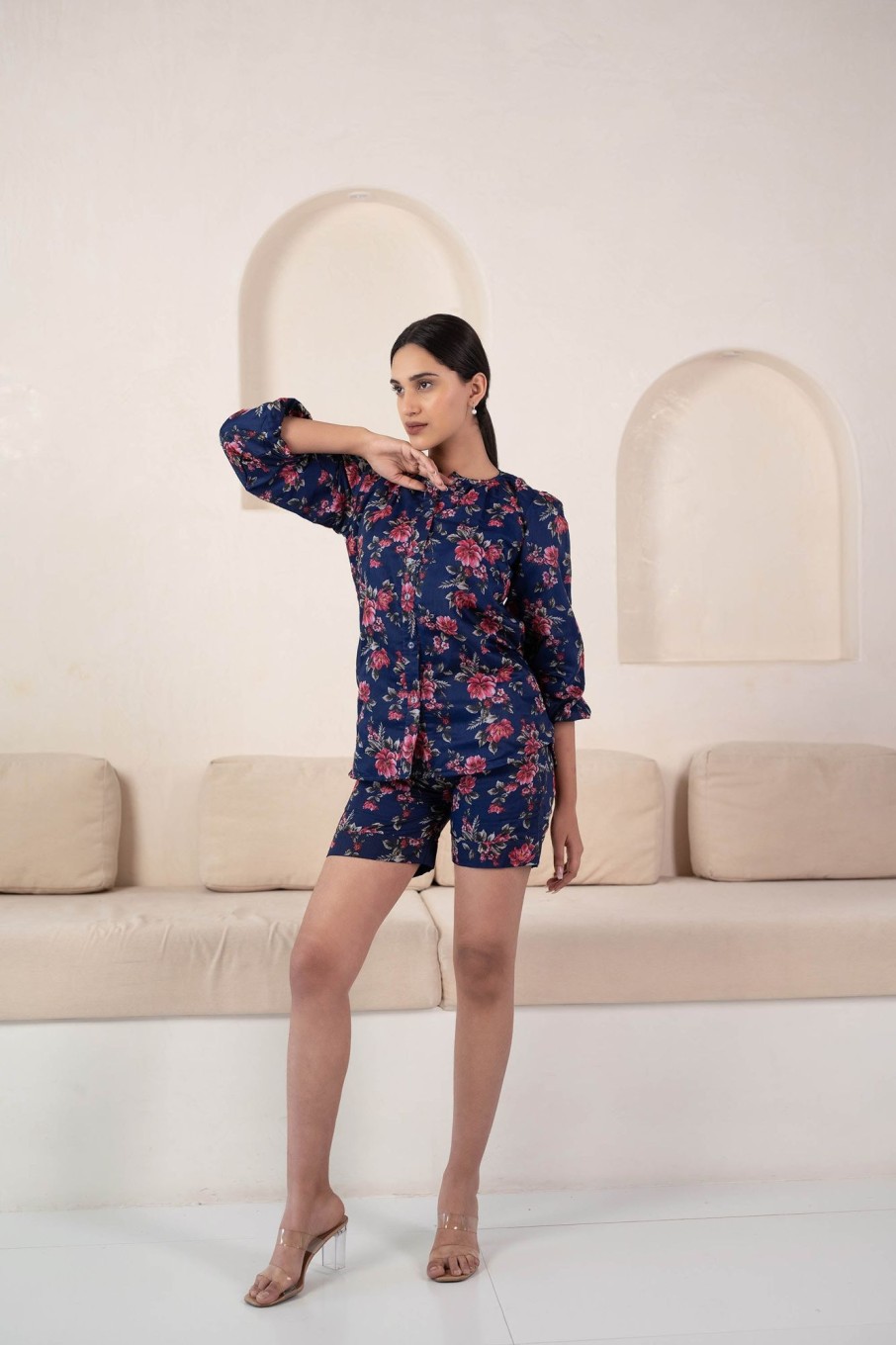 Women SARAS THE LABEL | Floral Print Night Suit Set For Women By Saras The Label- 2Pc Set Blue