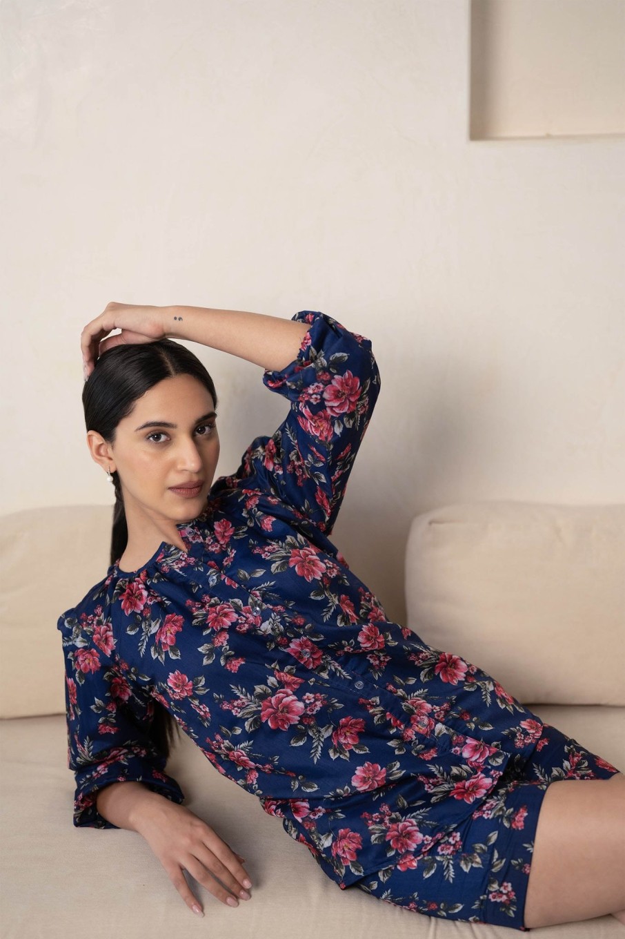 Women SARAS THE LABEL | Floral Print Night Suit Set For Women By Saras The Label- 2Pc Set Blue