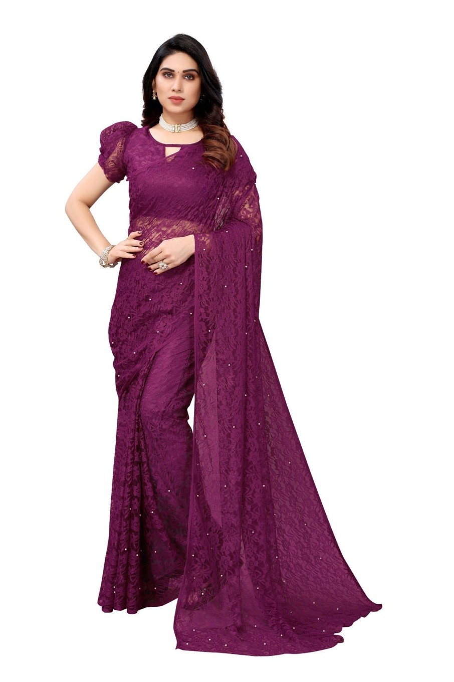 Women Vamika | Women'S Ethnic Fire Pearls Net Saree - Vamika Purple