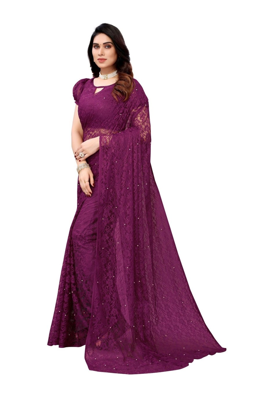 Women Vamika | Women'S Ethnic Fire Pearls Net Saree - Vamika Purple