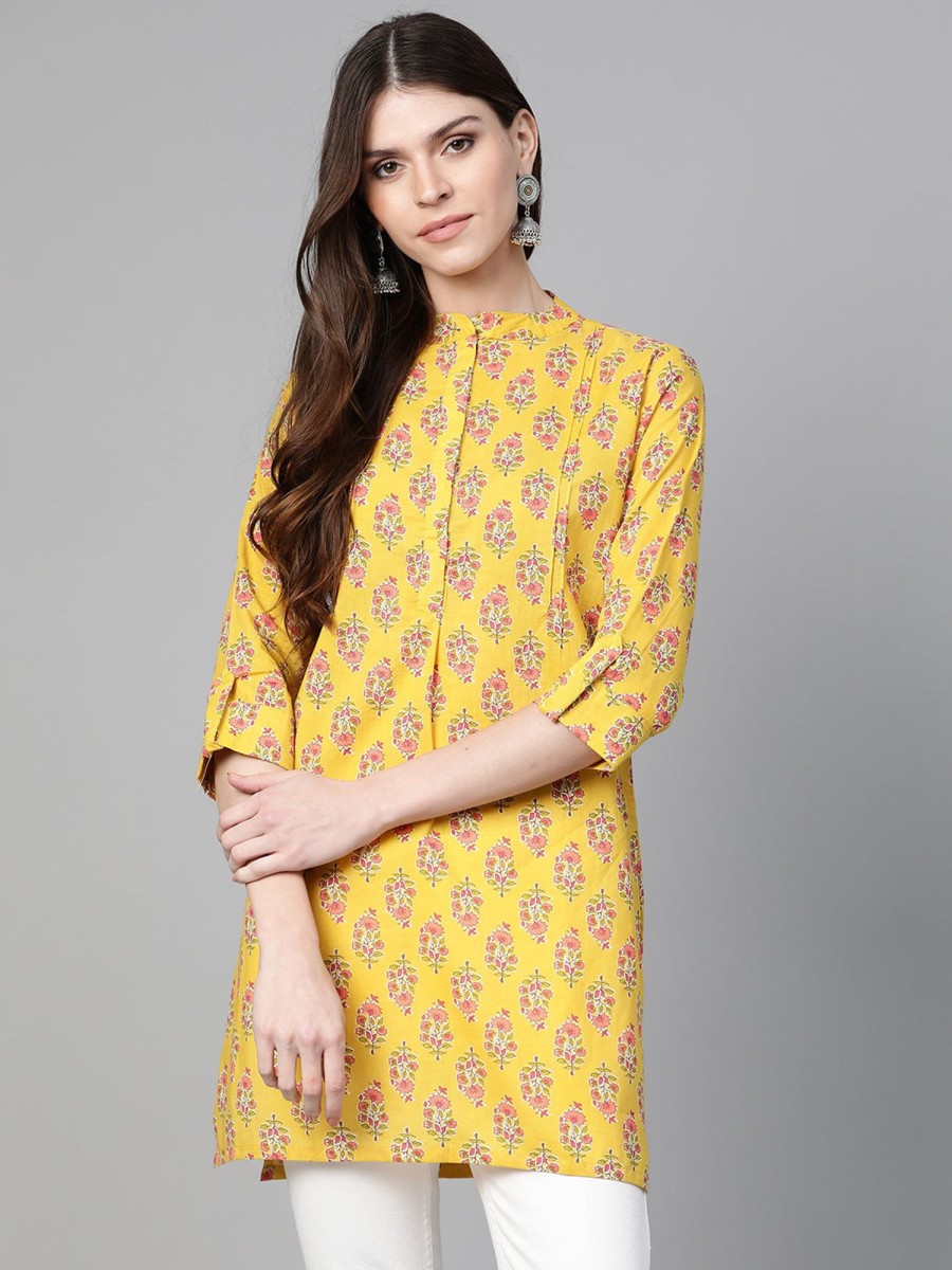 Women Bhama Couture USA | Mustard Yellow U0026 Pink Floral Print Tunic - Bhama Couture Usa