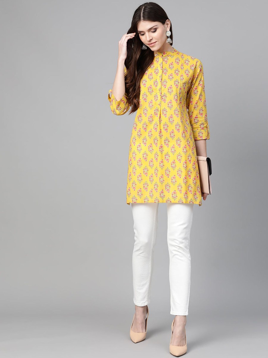 Women Bhama Couture USA | Mustard Yellow U0026 Pink Floral Print Tunic - Bhama Couture Usa