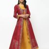 Women CHEERA | Women'S And Mustard Double Layer Long Anarkali With Beautiful Block Print Design Kurta - Cheera Maroon