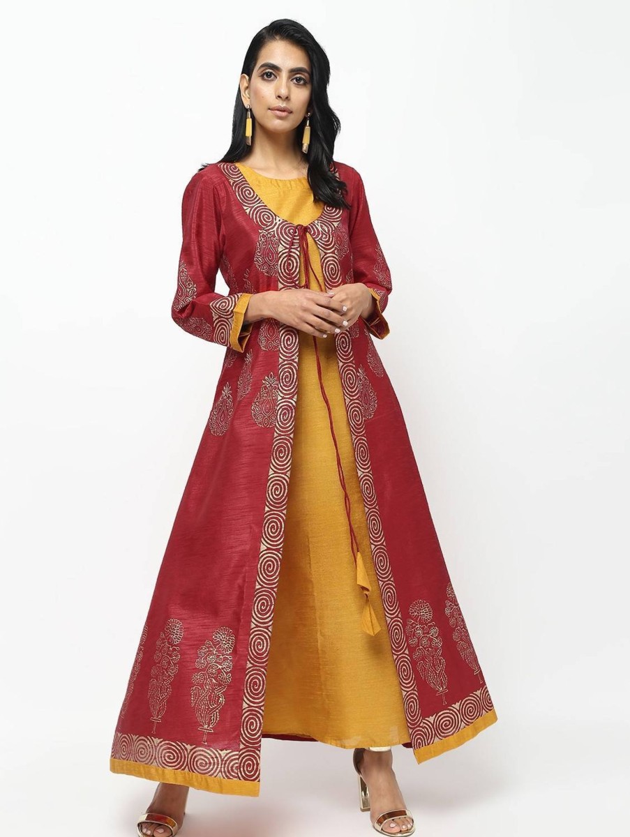 Women CHEERA | Women'S And Mustard Double Layer Long Anarkali With Beautiful Block Print Design Kurta - Cheera Maroon