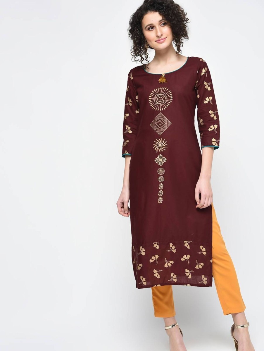 Women CHEERA | Women'S Coffee Hand Block Print Straight Kurta Only - Cheera