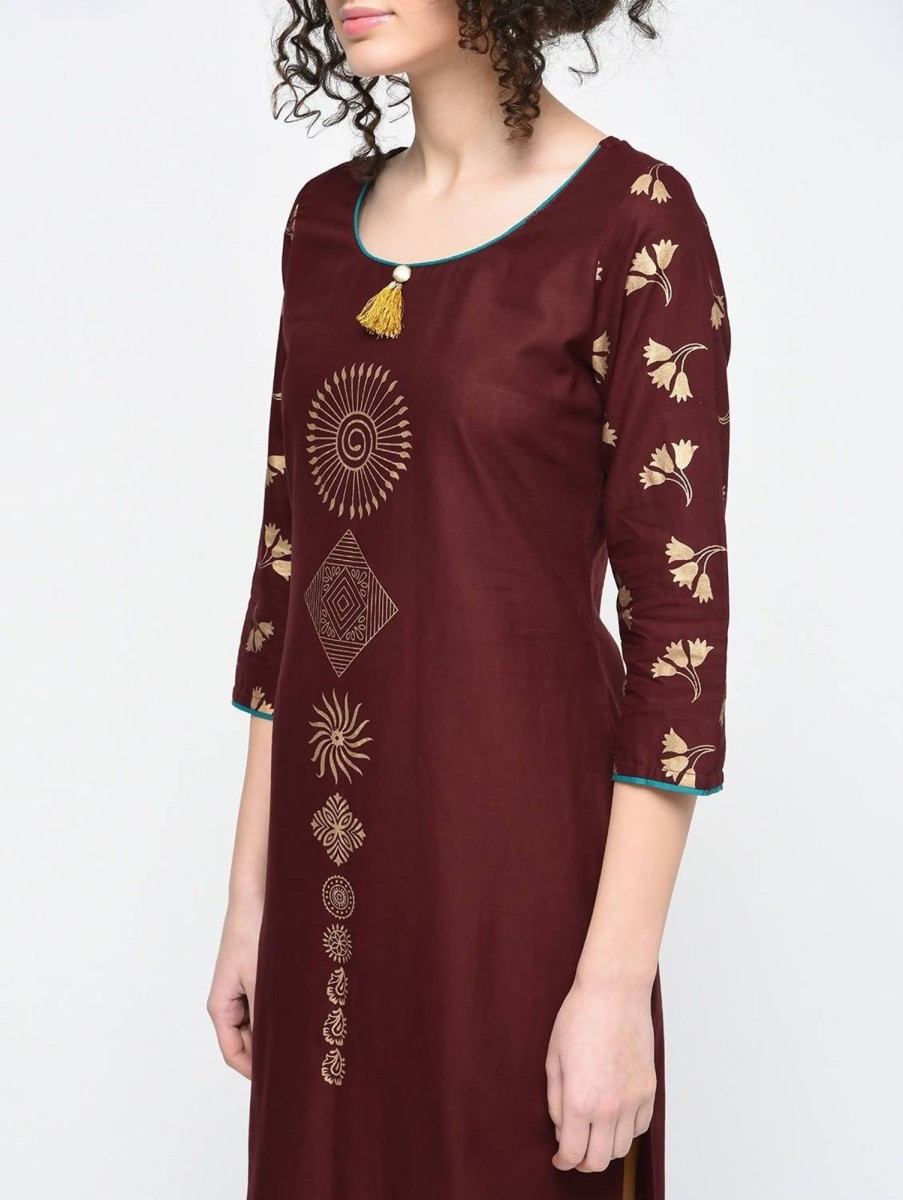 Women CHEERA | Women'S Coffee Hand Block Print Straight Kurta Only - Cheera