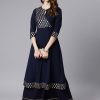 Women Janasya | Women'S Navy Poly Crepe Ethnic Motifs Flared Kurta - Janasya Blue