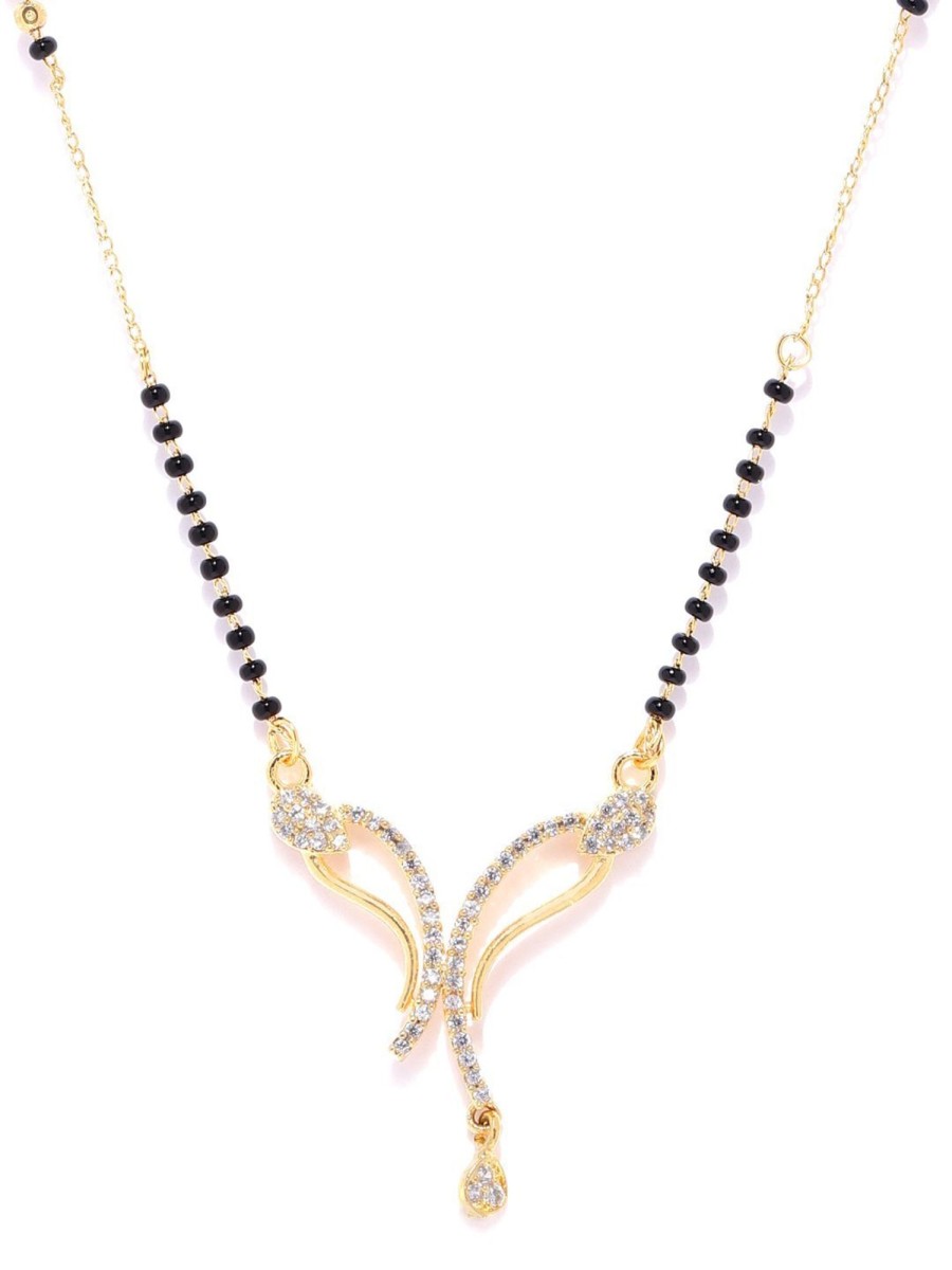 Jewellery Priyaasi | Women'S Gold-Plated Ad, American Diamond Studded Black Beaded Chain Mangalsutra - Priyaasi