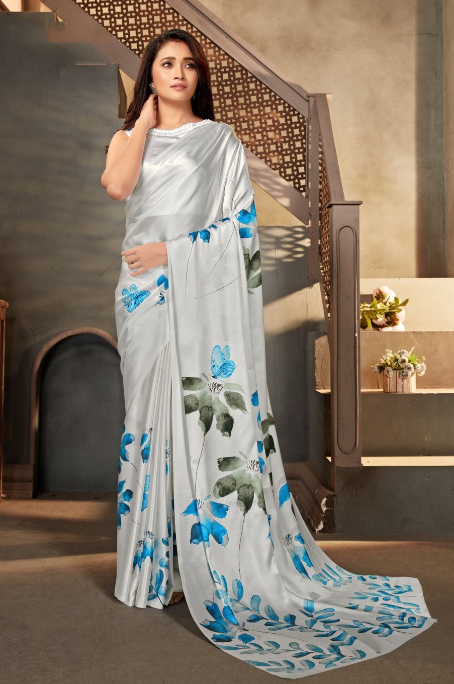 Women Monjolika | Women'S Monjolika Fashion White Color Satin Digital Print Saree - Monjolika