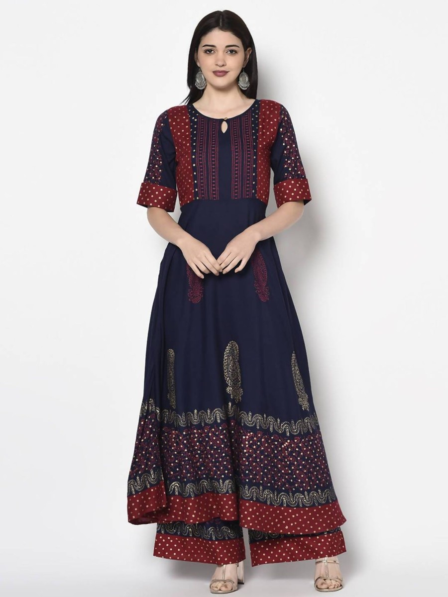 Women Aniyah | Women'S Navy Blue Rayon Block Print Anarkali Kurta - Aniyah