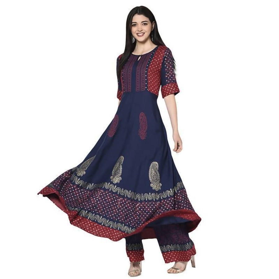 Women Aniyah | Women'S Navy Blue Rayon Block Print Anarkali Kurta - Aniyah