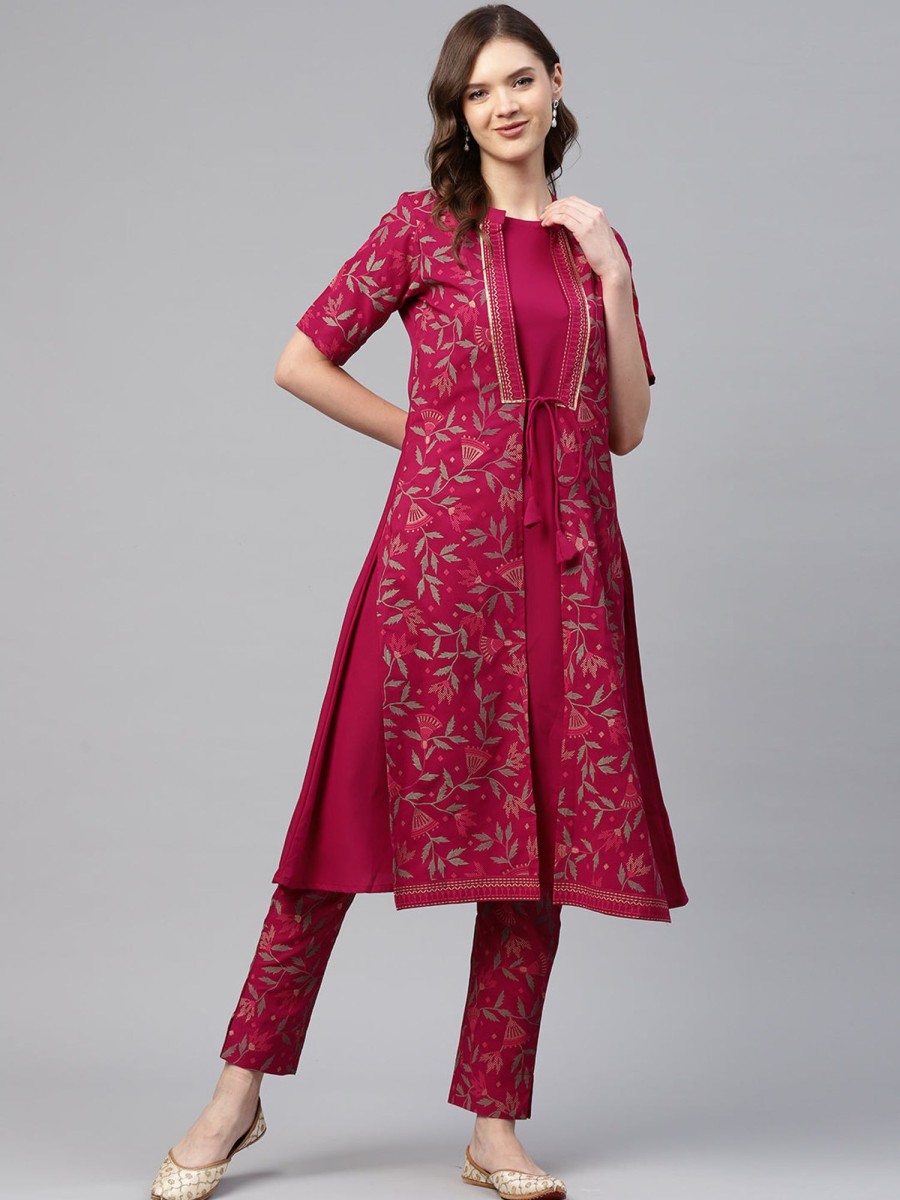 Women Ziyaa | Women'S Dark Pink Jacket Style Crepe Kurta - Ziyaa