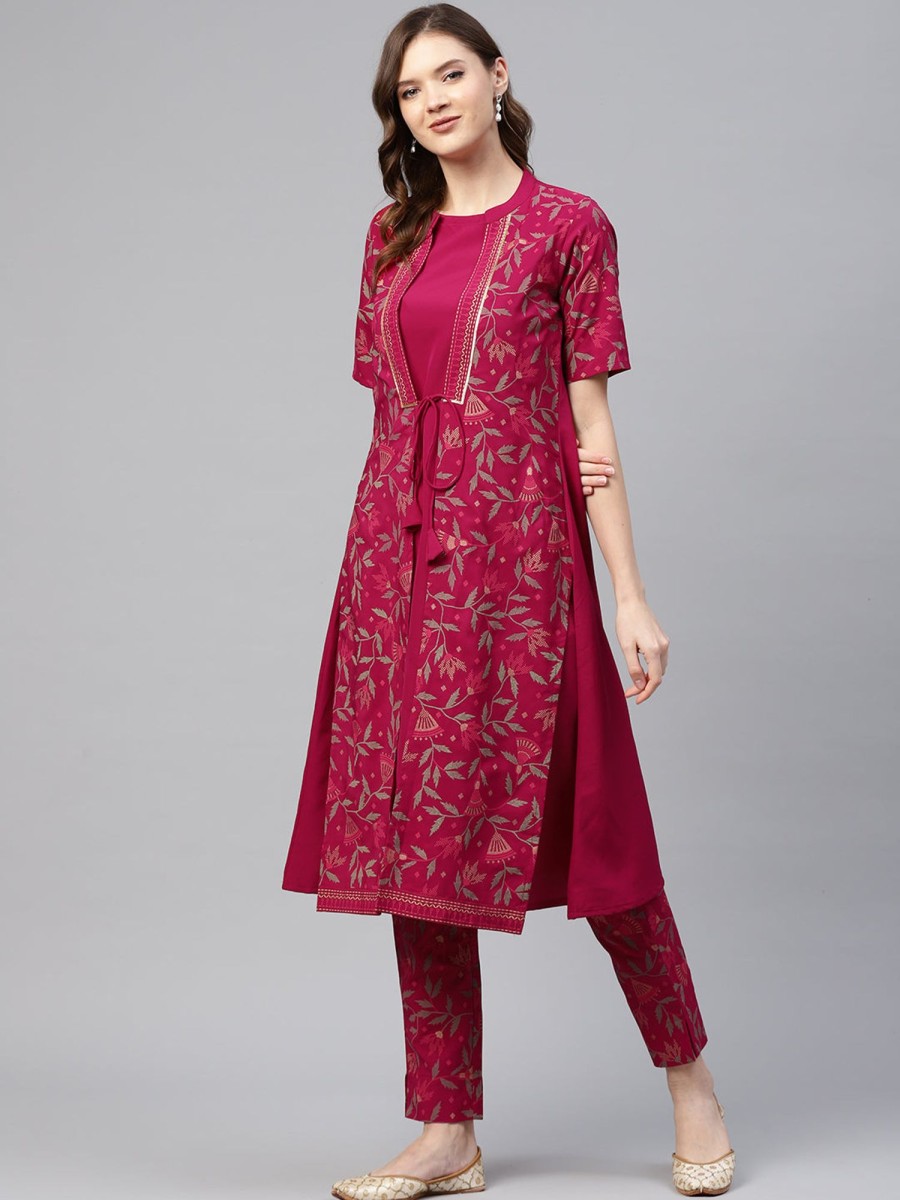 Women Ziyaa | Women'S Dark Pink Jacket Style Crepe Kurta - Ziyaa