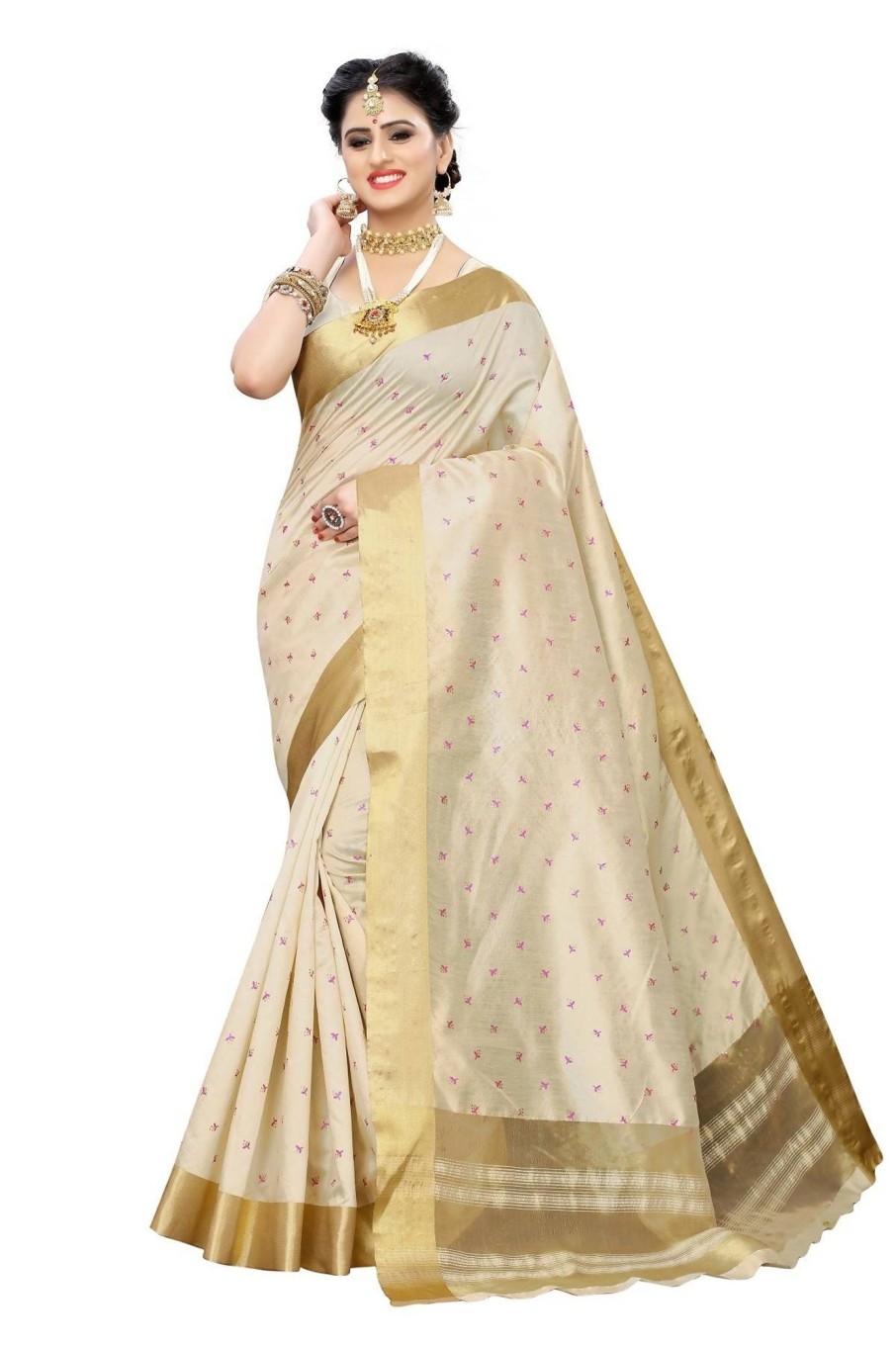 Women Vamika | Women'S Vamika Weaving Cotton Polyester Silk Saree Kerala Tikki - Vamika Cream