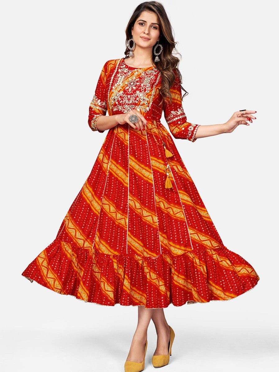 Women Vbuyz | Women'S Bandhani Anarkali Kurta By Vbuyz- (1Pc Set) Red