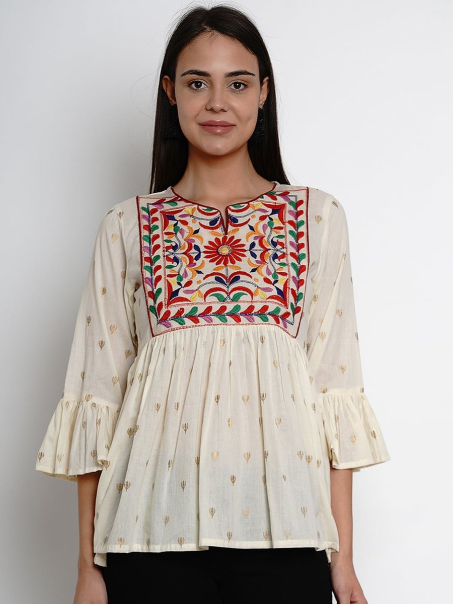 Women Wahe-NOOR | Women'S Off-White U0026 Red Embroidered Peplum Top - Wahe-Noor