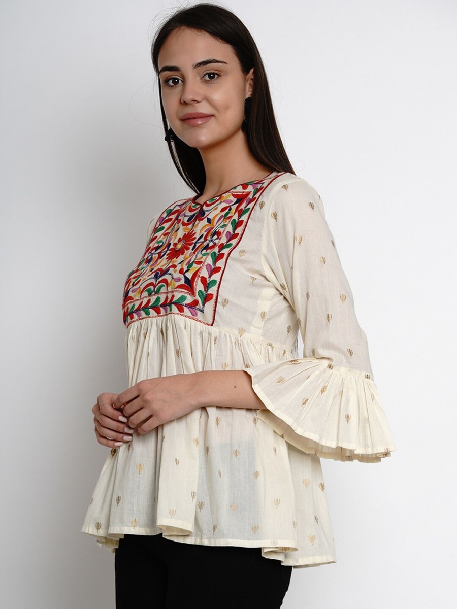 Women Wahe-NOOR | Women'S Off-White U0026 Red Embroidered Peplum Top - Wahe-Noor