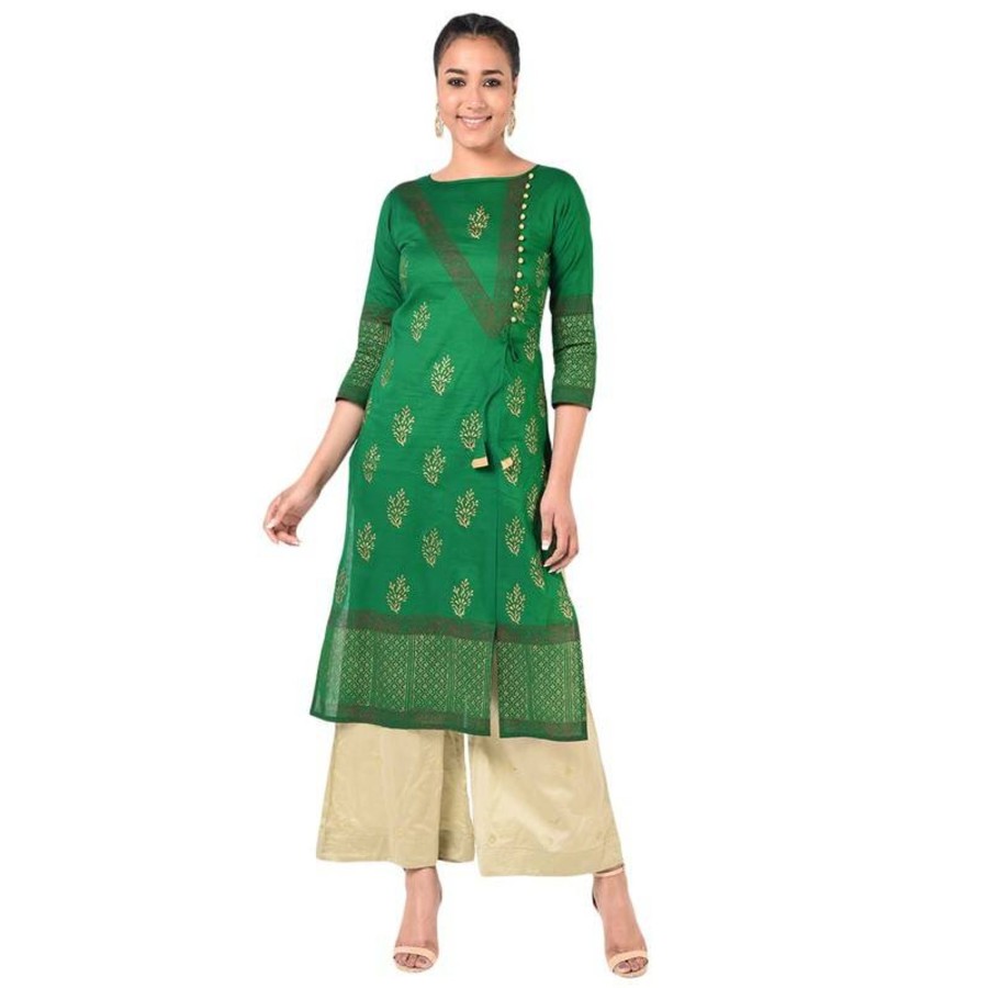 Women Aniyah | Women'S Gold Print Straight Kurta - Aniyah Green