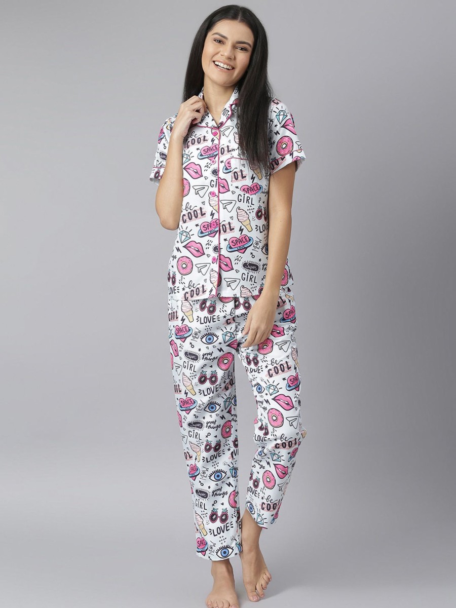 Women StyleStone | Women'S Quirky Digital Print Night Suit Set - Stylestone White