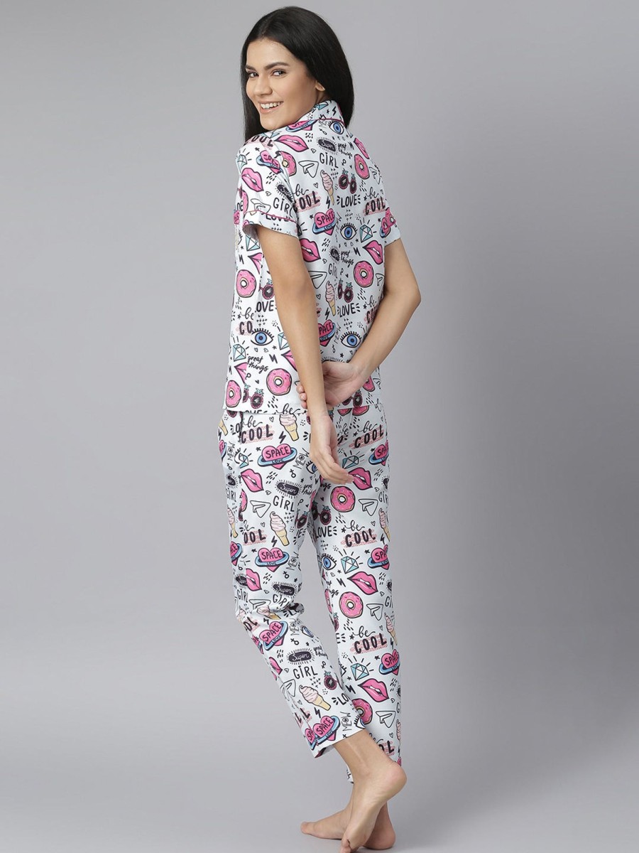 Women StyleStone | Women'S Quirky Digital Print Night Suit Set - Stylestone White