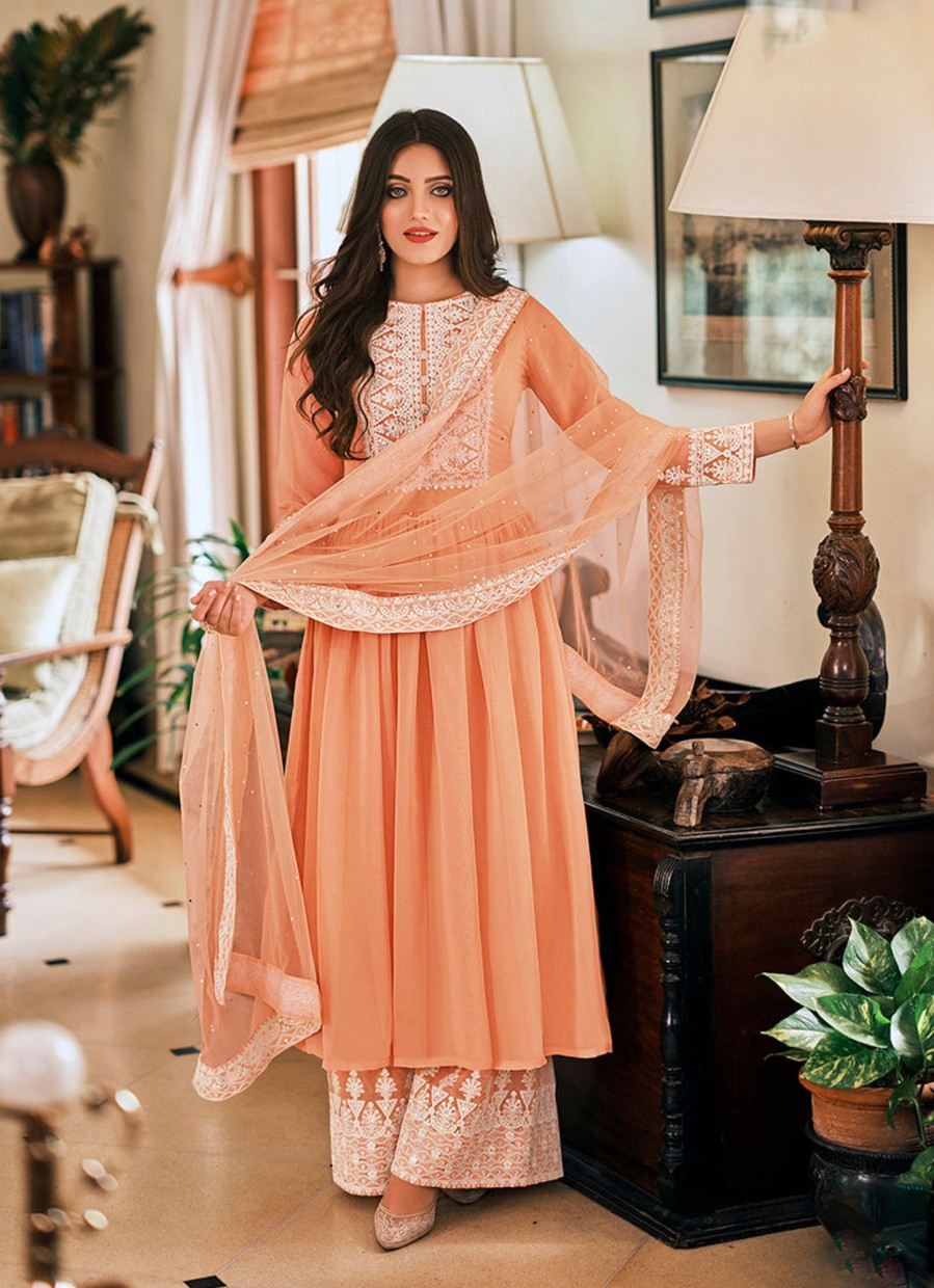 Women Monjolika | Women'S Peach Color Georgette Embroidered Party Salwar Suit - Monjolika