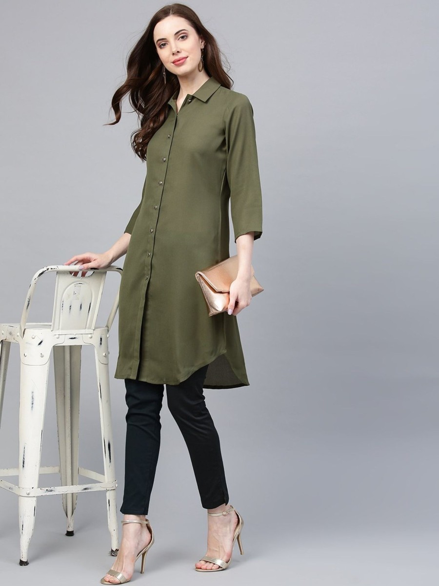 Women Jompers | Women'S Olive Green Solid A Line Kurta - Jompers