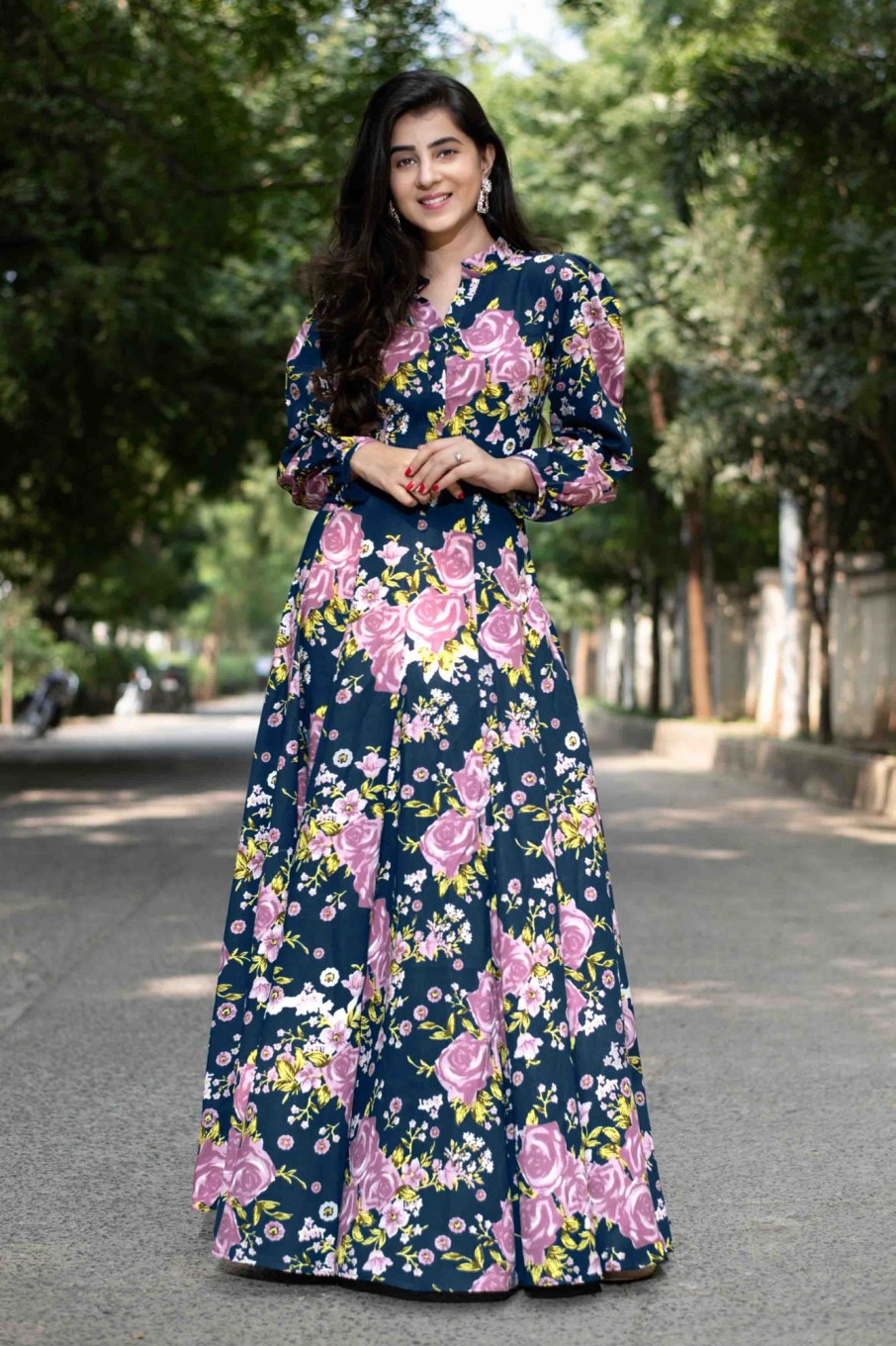 Women Label Shaurya Sanadhya USA | Women'S Blue Floral Affair Gown Dress (1Pc) - Label Shaurya Sanadhya Usa