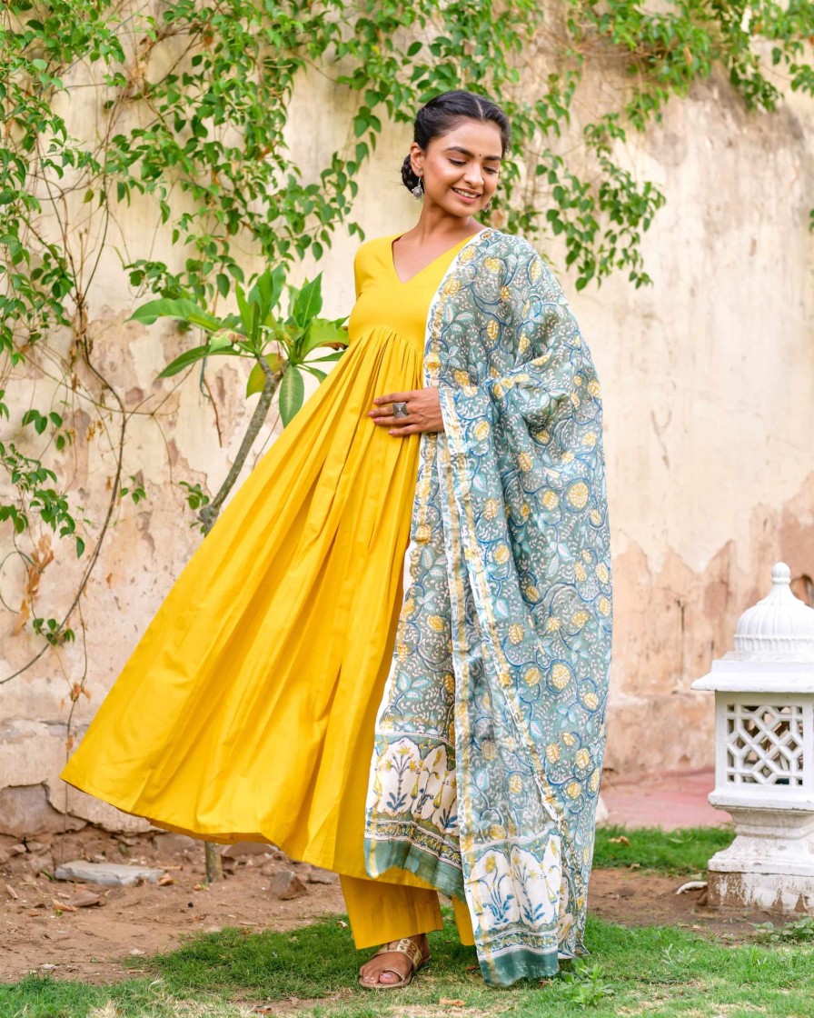 Women Kiswah | Women Mustard Yellow Cotton Anarkali Kurta With Pants U0026 Dupatta By Kiswah (3Pcs Set)