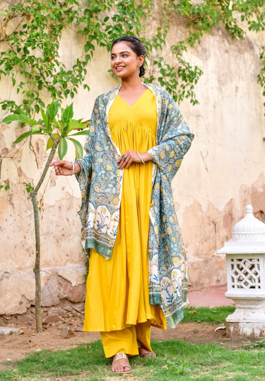 Women Kiswah | Women Mustard Yellow Cotton Anarkali Kurta With Pants U0026 Dupatta By Kiswah (3Pcs Set)