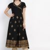 Women NOZ2TOZ | Women'S Black Cotton Hand Blocked Printed Anarkali With Wrap Detail - Noz2Toz