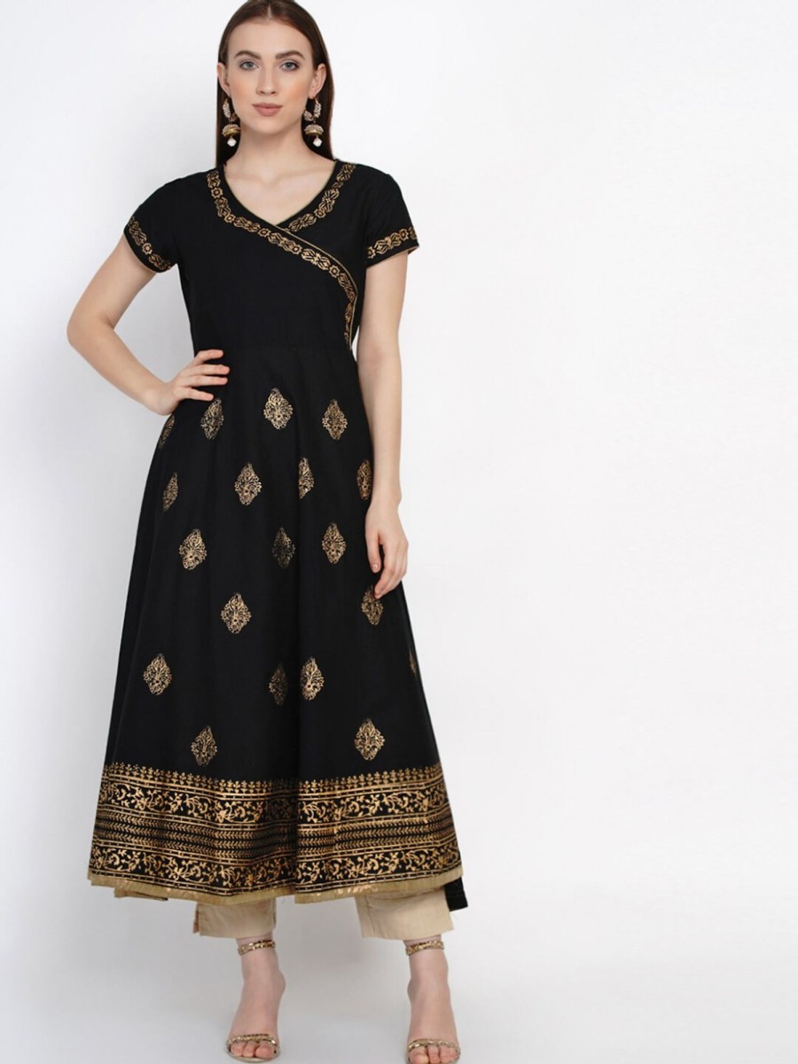 Women NOZ2TOZ | Women'S Black Cotton Hand Blocked Printed Anarkali With Wrap Detail - Noz2Toz