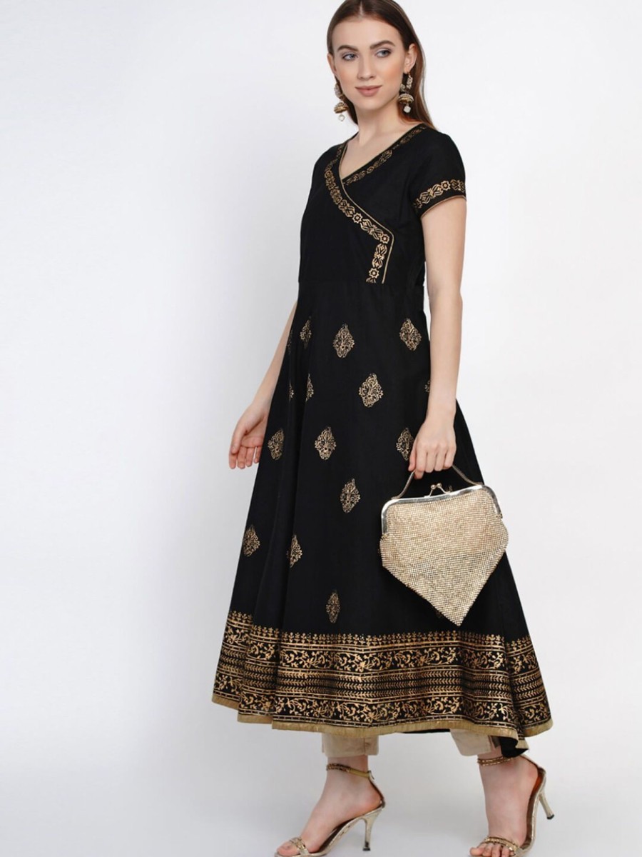 Women NOZ2TOZ | Women'S Black Cotton Hand Blocked Printed Anarkali With Wrap Detail - Noz2Toz