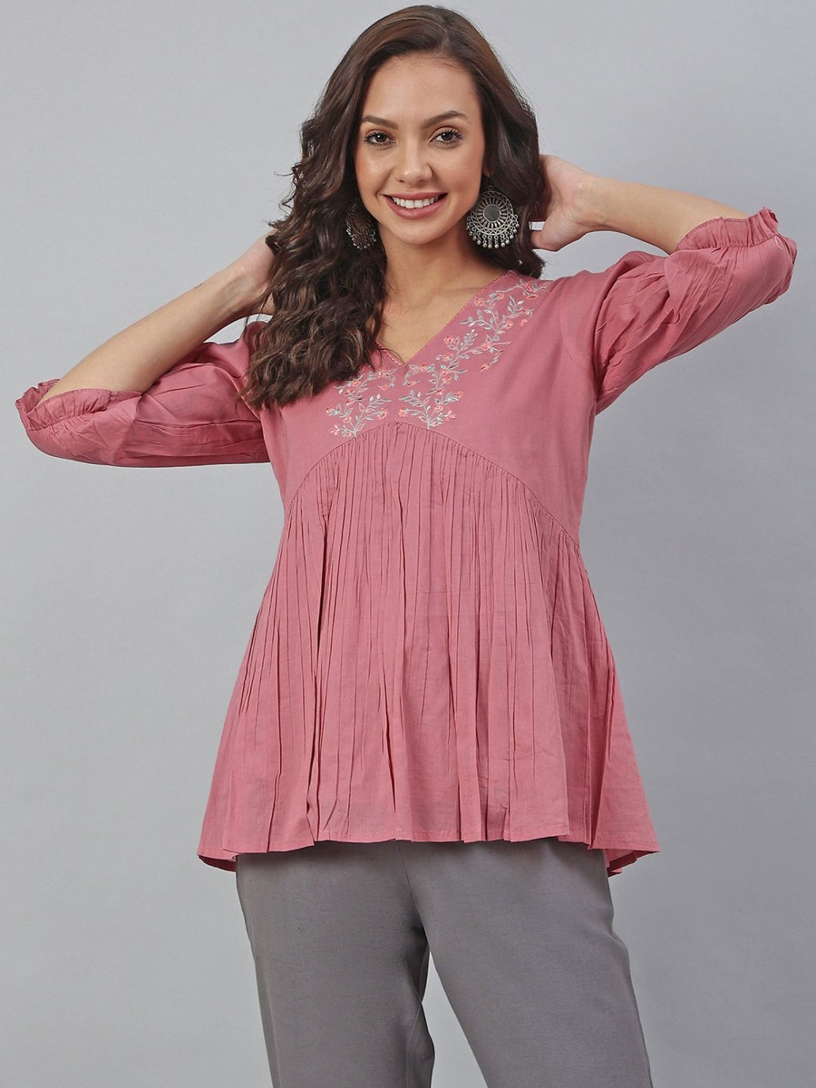 Women Janasya | Women'S Embroidered Cotton Tops - Janasya Pink