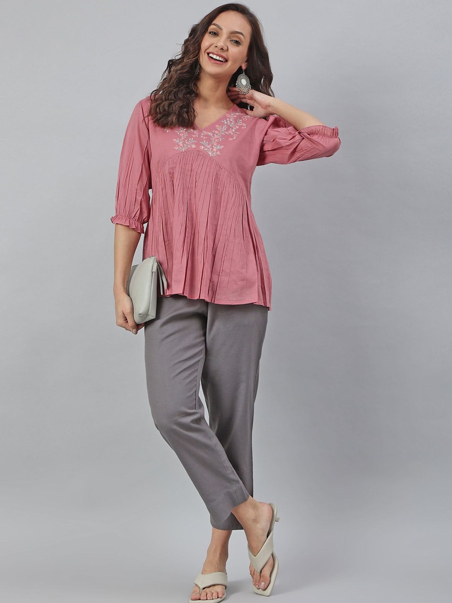 Women Janasya | Women'S Embroidered Cotton Tops - Janasya Pink