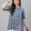 Women Janasya | Women'S Floral Print Cotton Tops - Janasya Blue