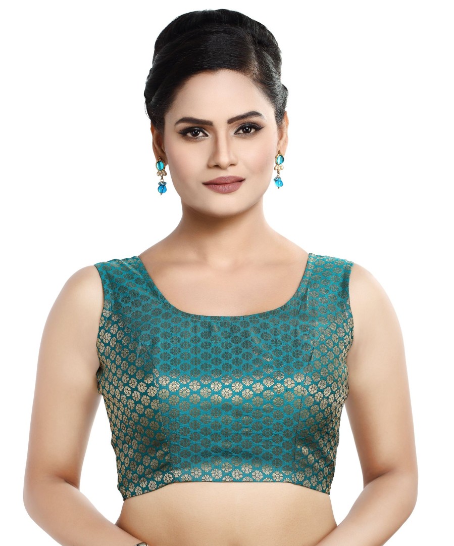 Women Madhu Fashion | Women'S Sleeveless Brocade Readymade Saree Blouse - Madhu Fashion Blue