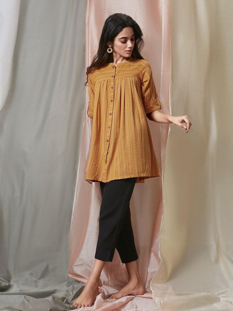 Women Janasya | Women'S Mustard Cotton Woven Design Gathered Product Type-Tops - Janasya