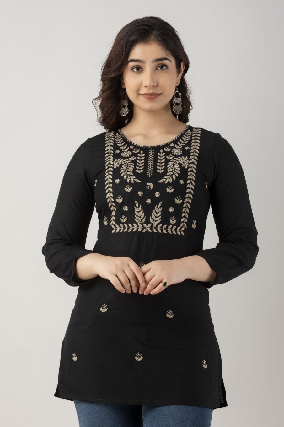 Women Charu | Women'S Embroidered Viscose Rayon Regular Top ( ) - Charu Black