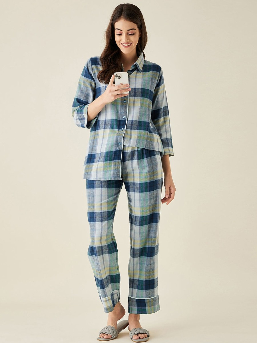 Women The Kaftan Company | Shades Of Plaid Pyjama Set - The Kaftan Company Blue