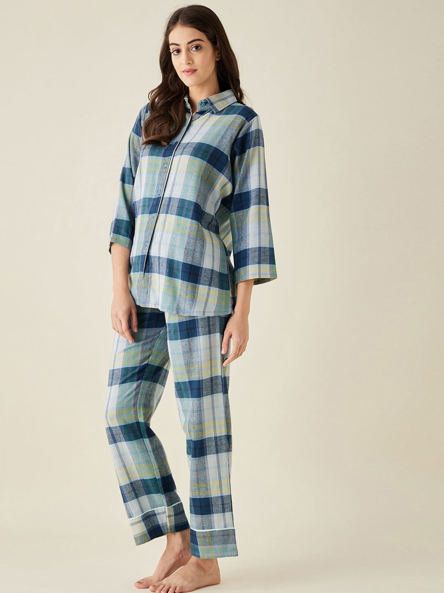 Women The Kaftan Company | Shades Of Plaid Pyjama Set - The Kaftan Company Blue