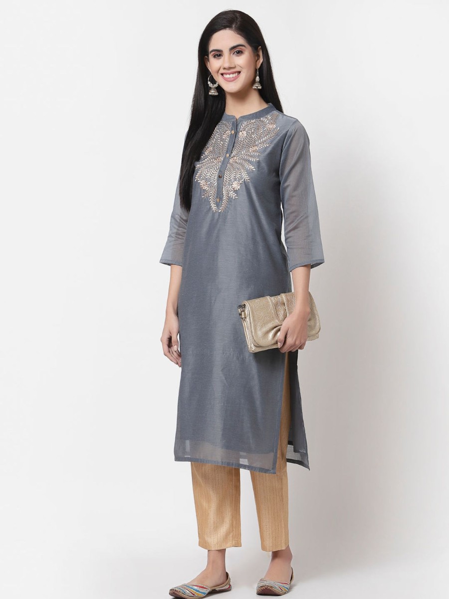 Women Myshka | Women Grey Chanderi Kurta By Myshka (1 Pc Set)