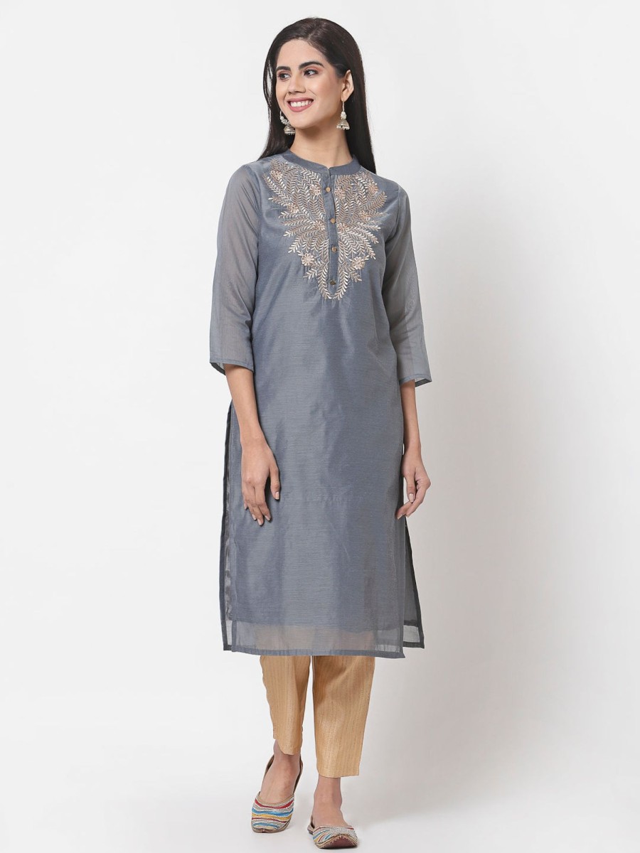 Women Myshka | Women Grey Chanderi Kurta By Myshka (1 Pc Set)