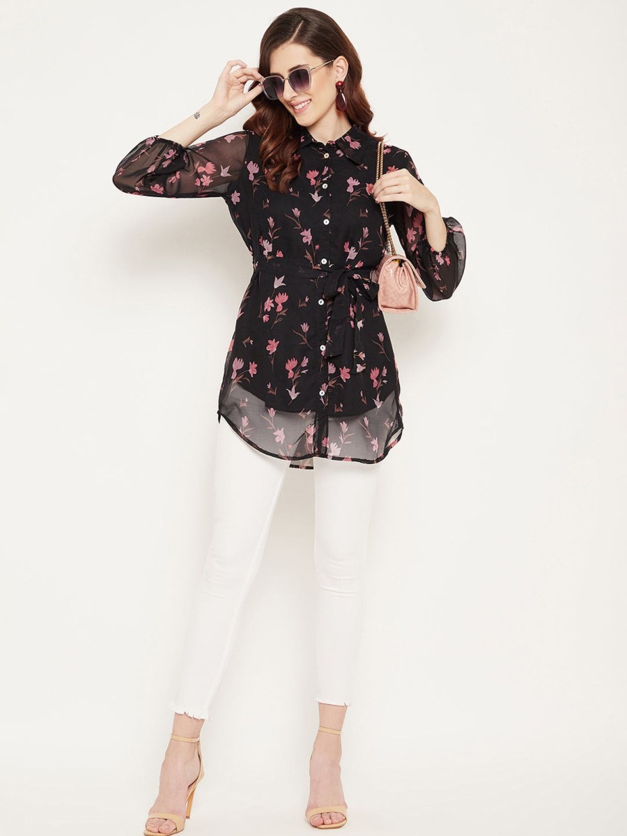 Women BitterLime | Women'S And Pink Shirt Collar Floral Printed Tunic - Bitterlime Black