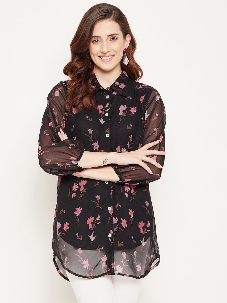 Women BitterLime | Women'S And Pink Shirt Collar Floral Printed Tunic - Bitterlime Black