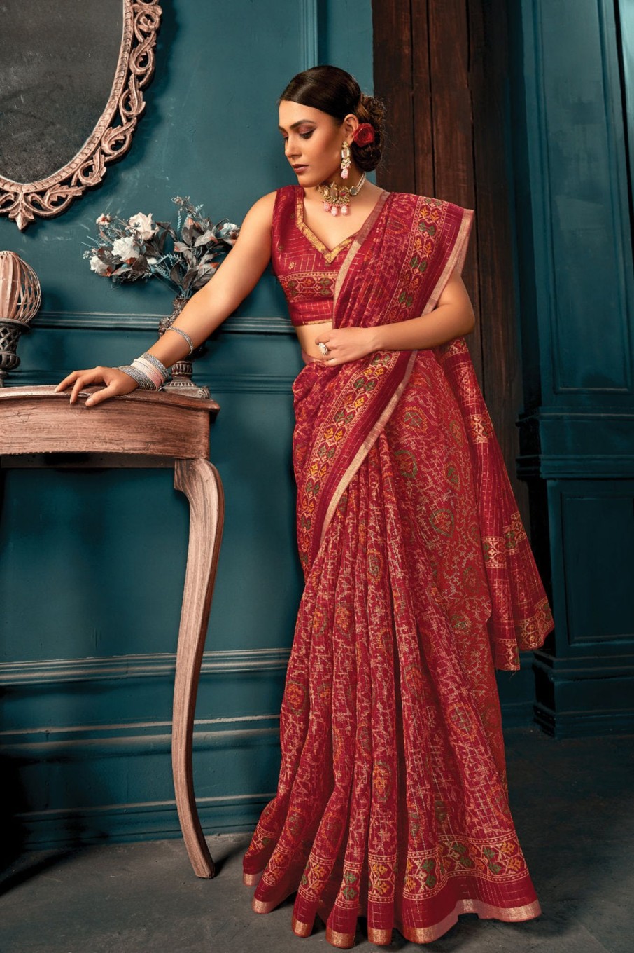 Women Sangam Prints | Women'S Red Cotton Thread Woven Work Traditional Saree - Sangam Prints