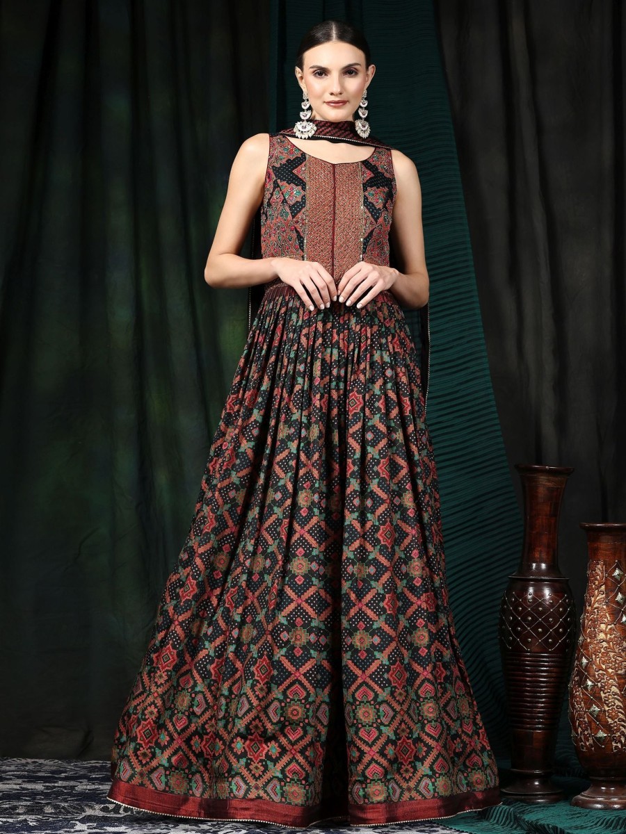 Women Phenav | Women'S Ethnic Motifs Printed Embellished Silk Fit Flare Ethnic Gown With Dupatta - Phenav Multi Color