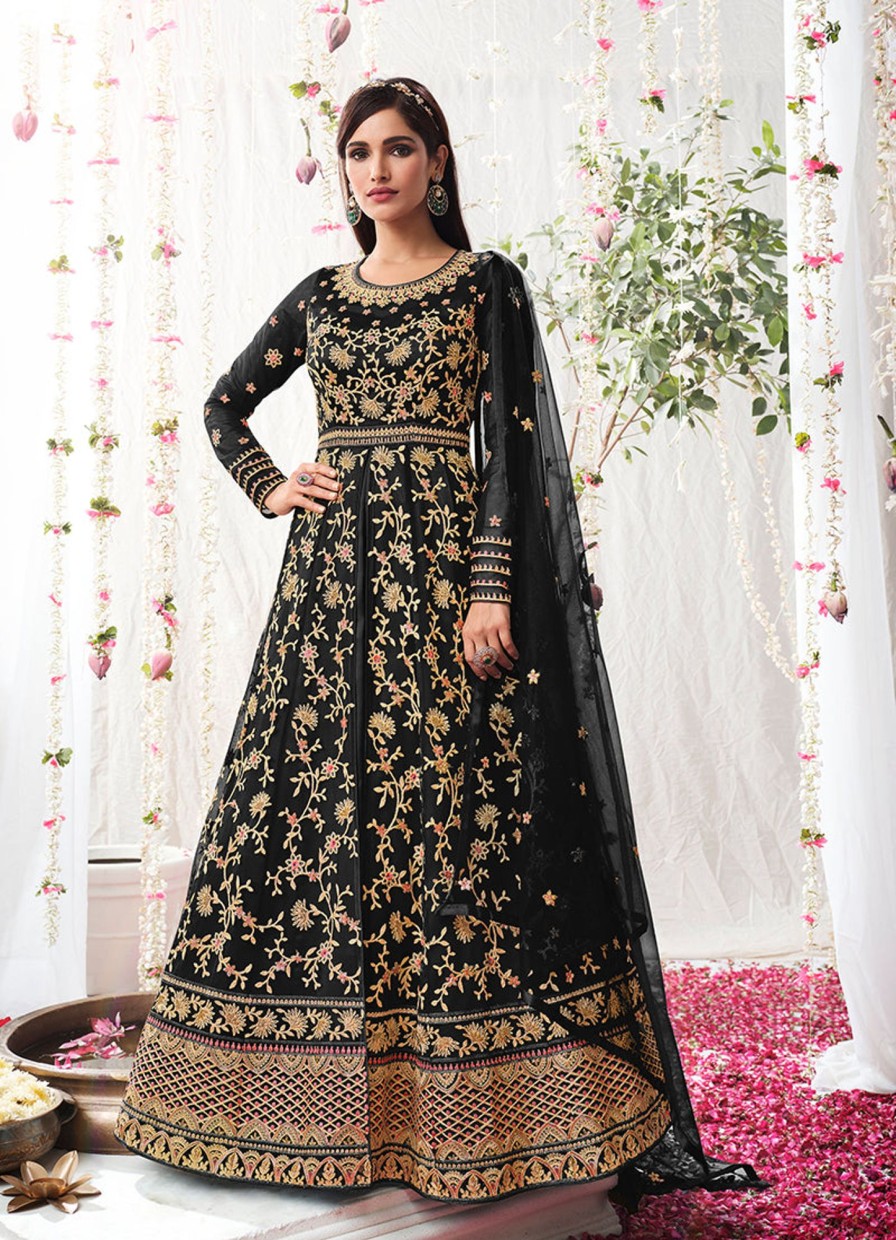 Women Monjolika | Women'S Soft Net Semi Stitched Embroidered Wedding Dress - Monjolika Black