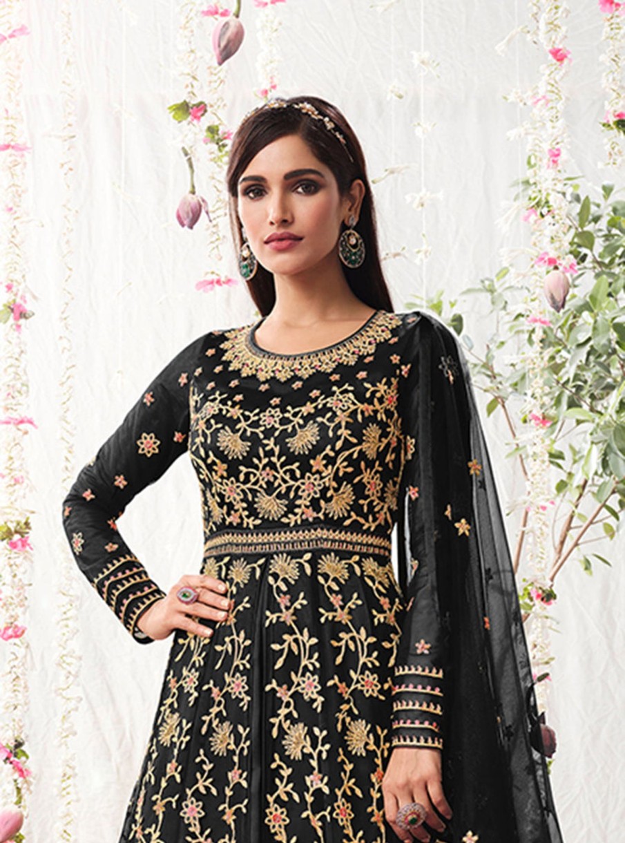 Women Monjolika | Women'S Soft Net Semi Stitched Embroidered Wedding Dress - Monjolika Black