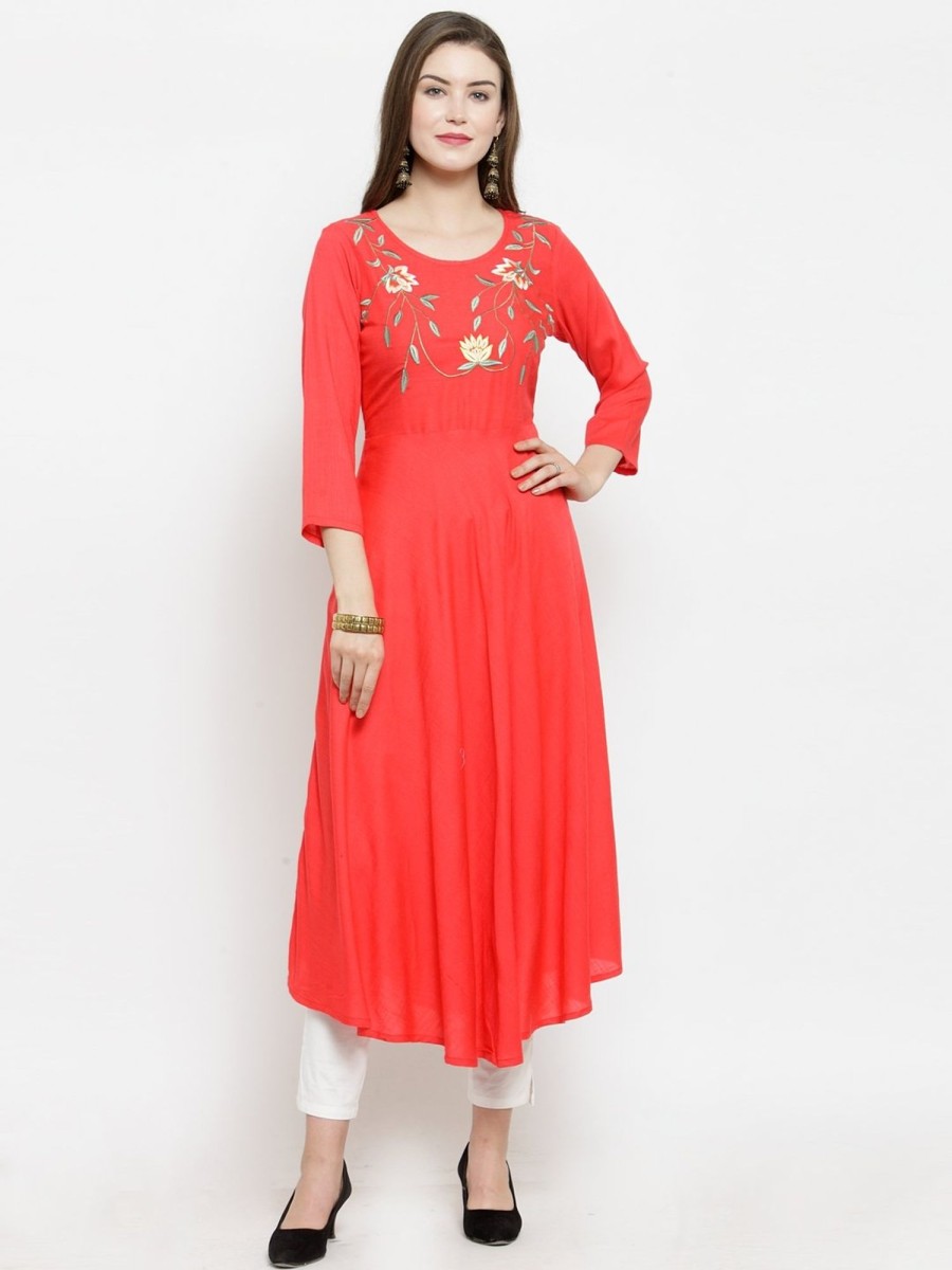 Women Jompers | Women'S Peach Embroidered Flaired Kurta - Jompers